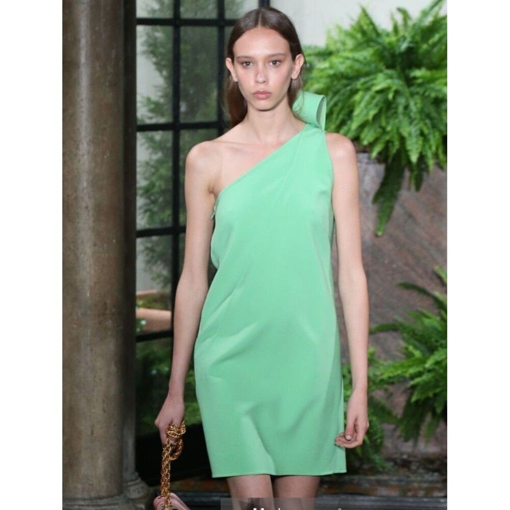 Oscar de la Renta Green Stretch Wool One-Shoulder Dress Size: 4 green